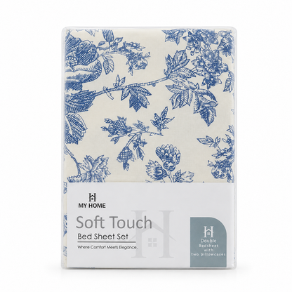 My Home Soft Touch Bed Sheet Set – Blue Toile Floral Print 100% Cotton