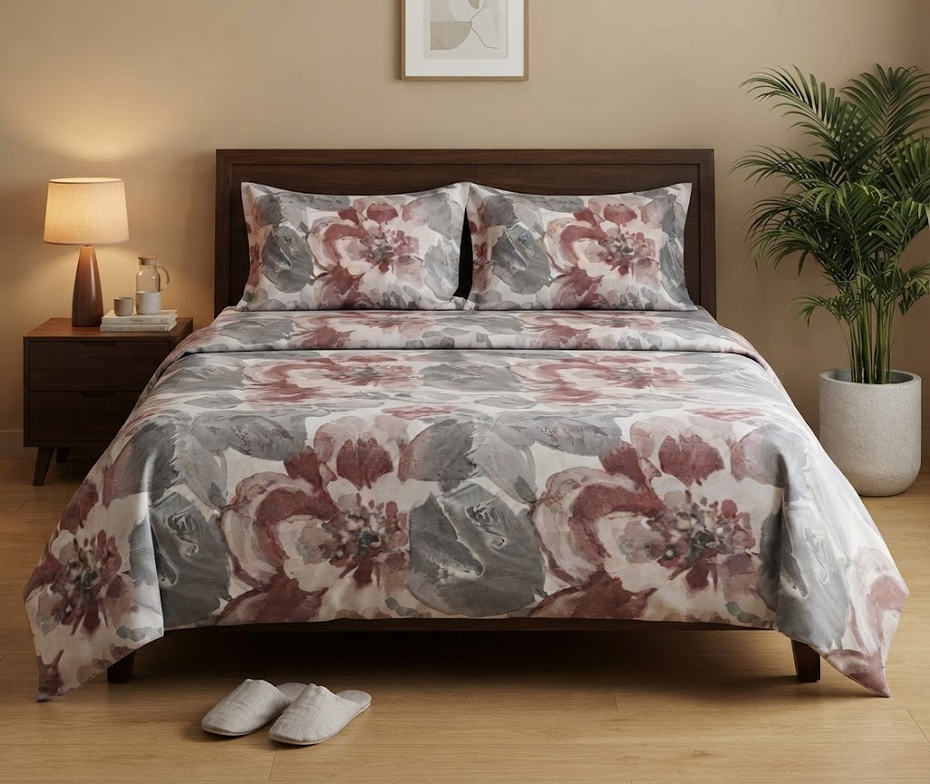 Dusty Rose & Grey Floral Bedsheet - 100% Cotton