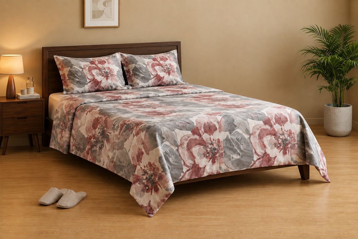 Dusty Rose & Grey Floral Bedsheet - 100% Cotton