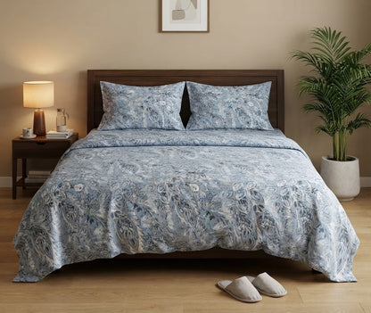 Blue-Grey Paisley Printed Bedsheet - 100% Cotton