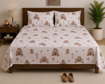 Gingerbread House Bed Sheet Set – Festive Christmas Print 100% Cotton