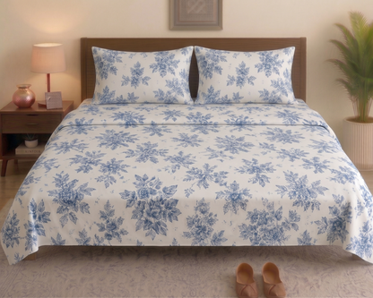 Blue Floral Bouquet Bedsheet Set – Classic Botanical Print 100% Cotton