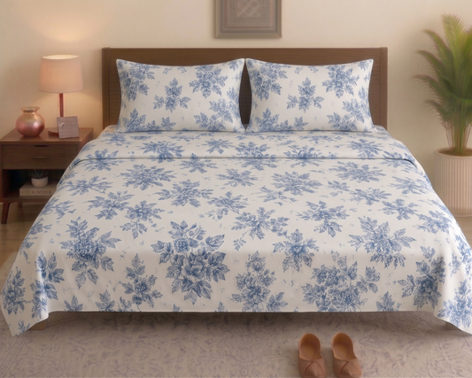 Blue Floral Bouquet Bedsheet Set – Classic Botanical Print 100% Cotton