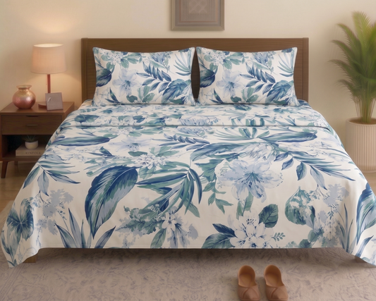 Tropical Floral Bedsheet Set – Blue & White 100% Cotton
