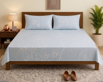 Powder Blue Cherry Blossom Printed Bedsheet Set with 2 Pillowcases  100% Cotton