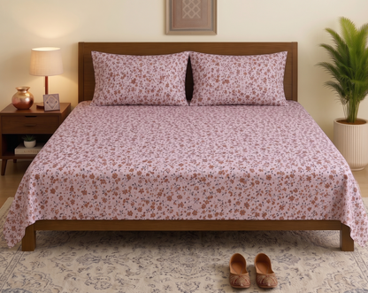 Mauve Ditsy Floral Printed Bedsheet Set with 2 Pillowcases 100% Cotton