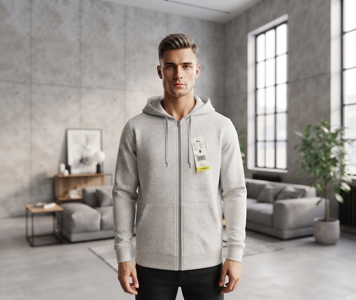 White Full-Zip Hoodie with Drawstring Hood