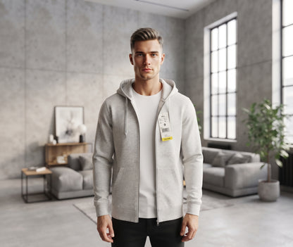 Light grey full-zip hoodie with drawstring hood, front pockets and ribbed cuffs worn over a white T-shirt