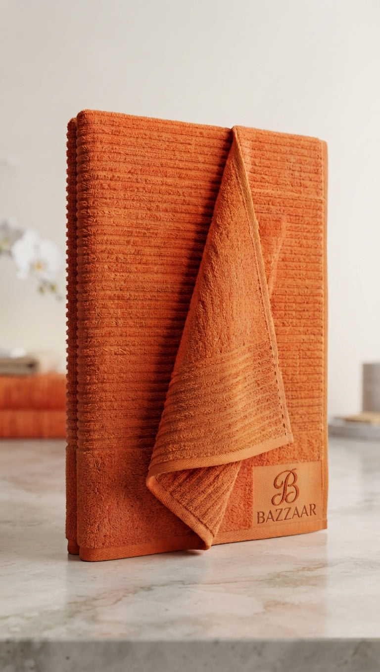 Rust orange textured towel with horizontal raised lines, folded upright with Bazzaar branding visible