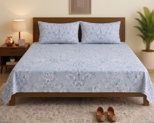 Steel Blue Floral Medallion Printed Bedsheet Set with 2 Pillowcases  100% Cotton