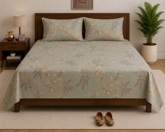 Sage Green Floral Printed Bedsheet Set with 2 Pillowcases  100% Cotton