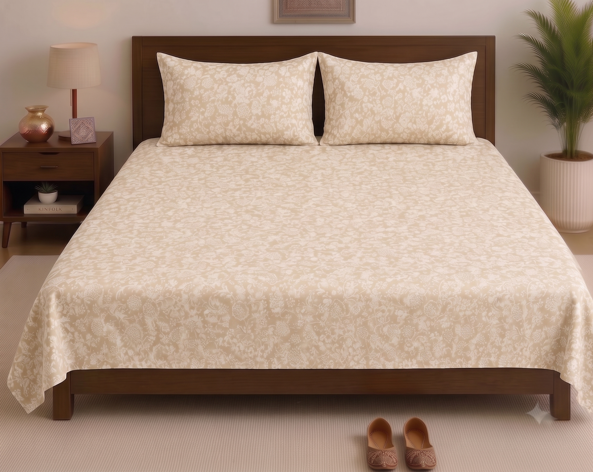 Ivory Floral Damask Printed Bedsheet Set with 2 Pillowcases 100% Cotton