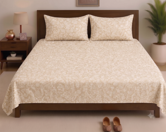 Ivory Floral Damask Printed Bedsheet Set with 2 Pillowcases 100% Cotton
