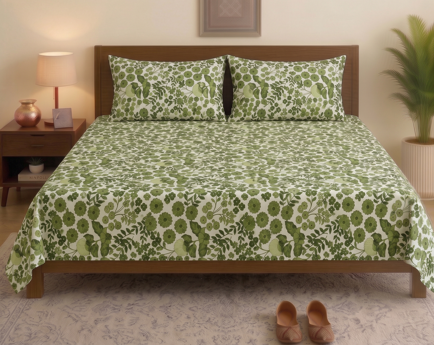 Green Botanical Floral & Bird Printed Bedsheet Set with 2 Pillowcases 100% Cotton