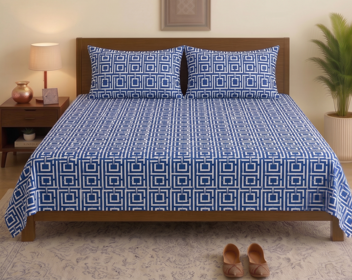 100% Cotton Soft Touch Bed Sheet Set Blue Geometric