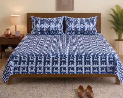 100% Cotton Soft Touch Bed Sheet Set Blue Geometric