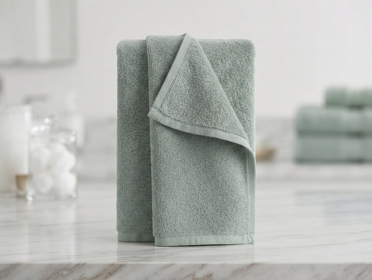 Sage green textured towel folded upright with finished border