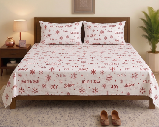 Holly & Jolly Christmas Snowflake Bedsheet Set with 2 Pillowcases 100% Cotton