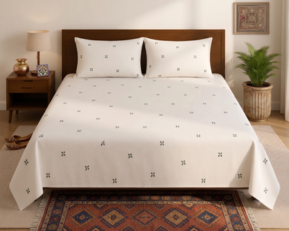 White Floral Motif Printed Bedsheet Set with 2 Pillowcases 100% Cotton