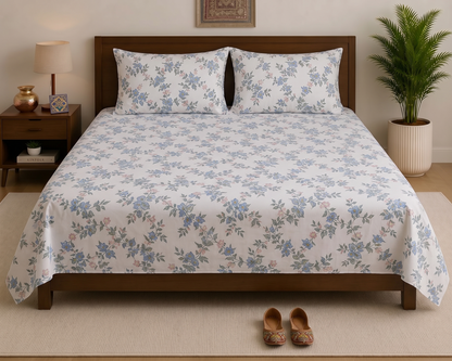 Floral Vine Bed Sheet Set – Blue & White 100% Cotton