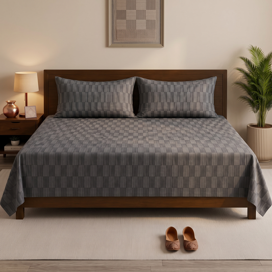 Grey Geometric Checker Printed Bedsheet Set with 2 Pillowcases 100% Cotton