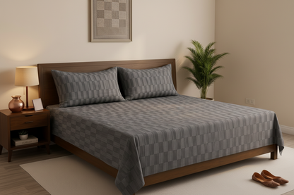 Grey Geometric Checker Printed Bedsheet Set with 2 Pillowcases 100% Cotton