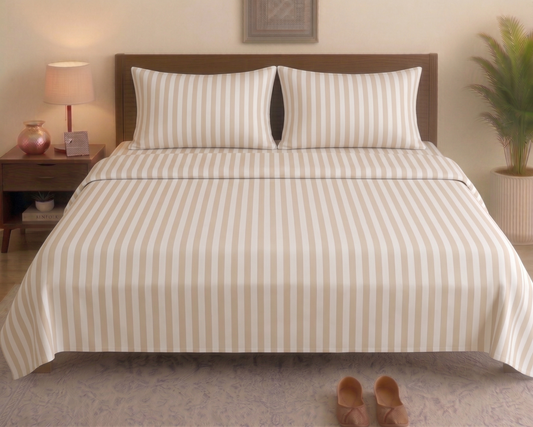 Beige & White Satin Stripe Bedsheet Set with 2 Pillowcases 100% Cotton