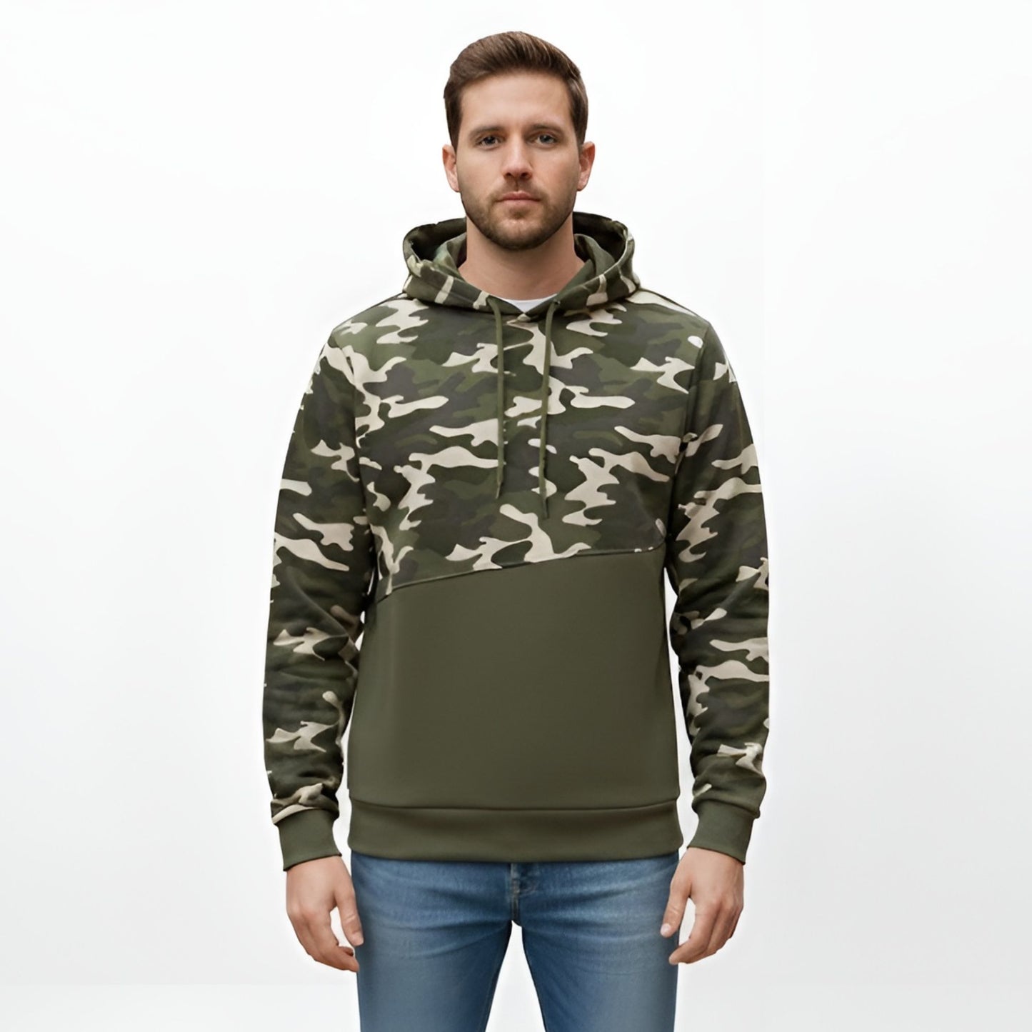 Camo Colorblock Hoodie – Olive Green & Grey Cotton