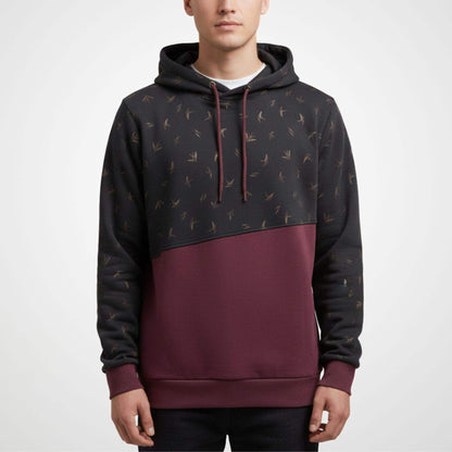 Bird Print Colorblock Hoodie – Charcoal & Maroon Cotton Hoodie