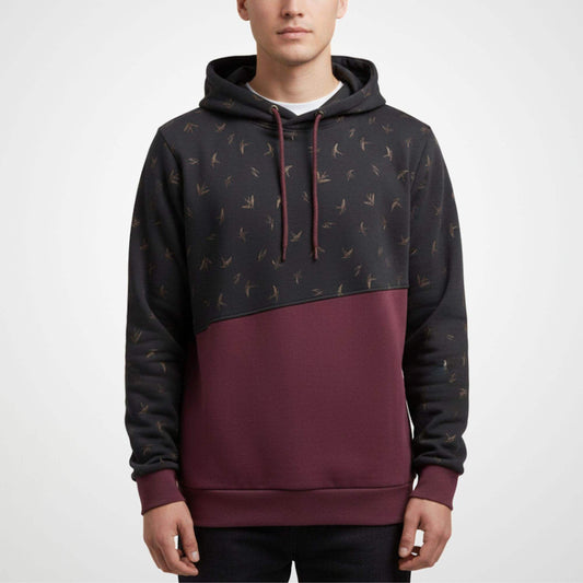 Bird Print Colorblock Hoodie – Charcoal & Maroon Cotton