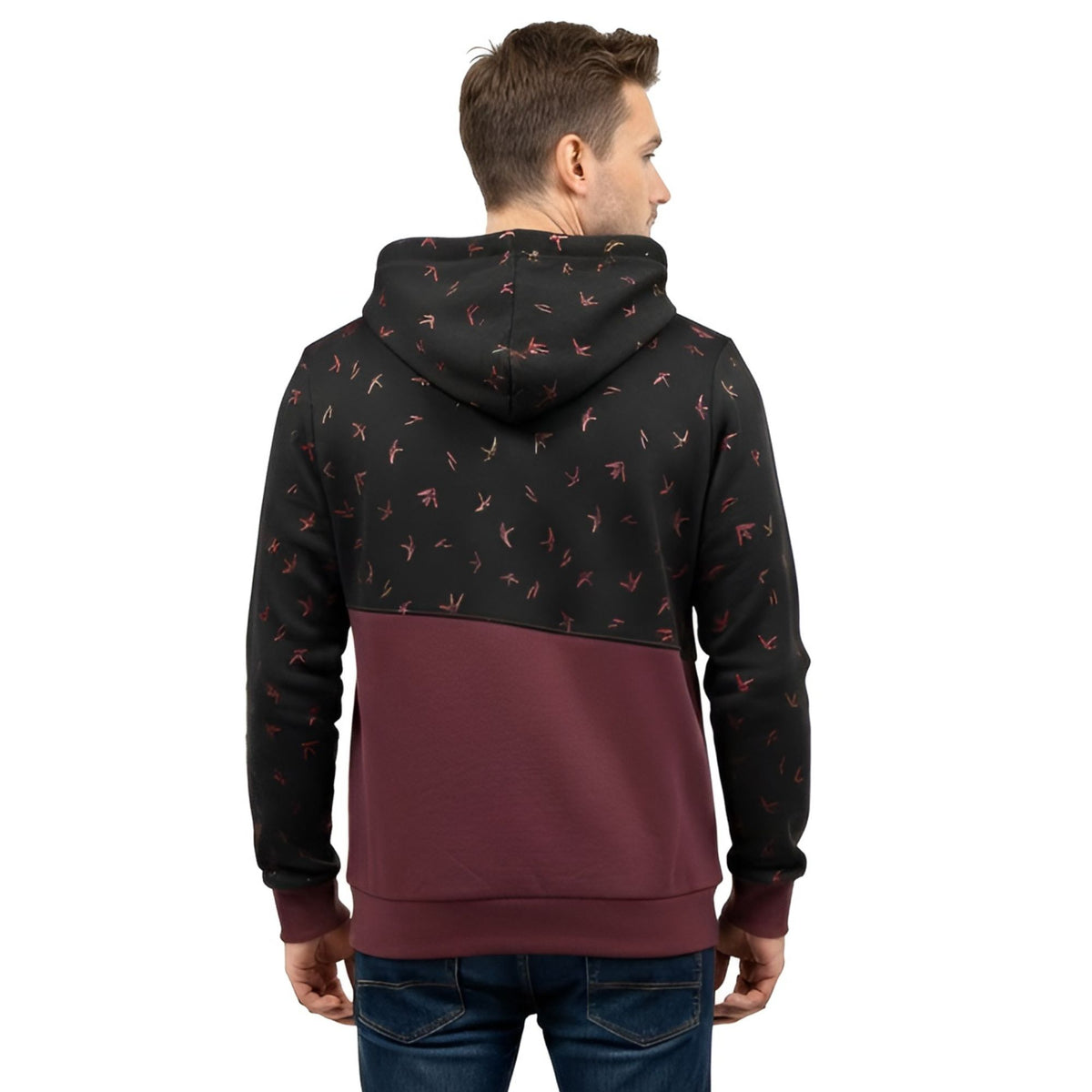 Bird Print Colorblock Hoodie – Charcoal & Maroon Cotton Hoodie