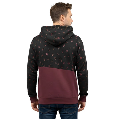 Bird Print Colorblock Hoodie – Charcoal & Maroon Cotton Hoodie