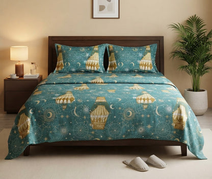 Teal Lantern & Moon Printed Bedsheet - 100% Cotton