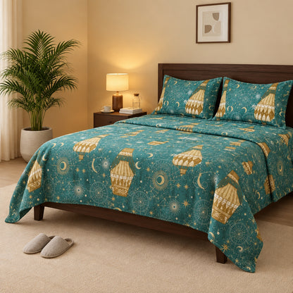 Teal Lantern & Moon Printed Bedsheet - 100% Cotton