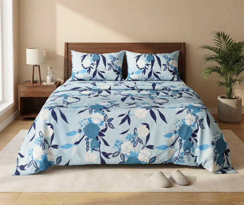 Light Blue & Navy Floral Bedsheet - 100% Cotton