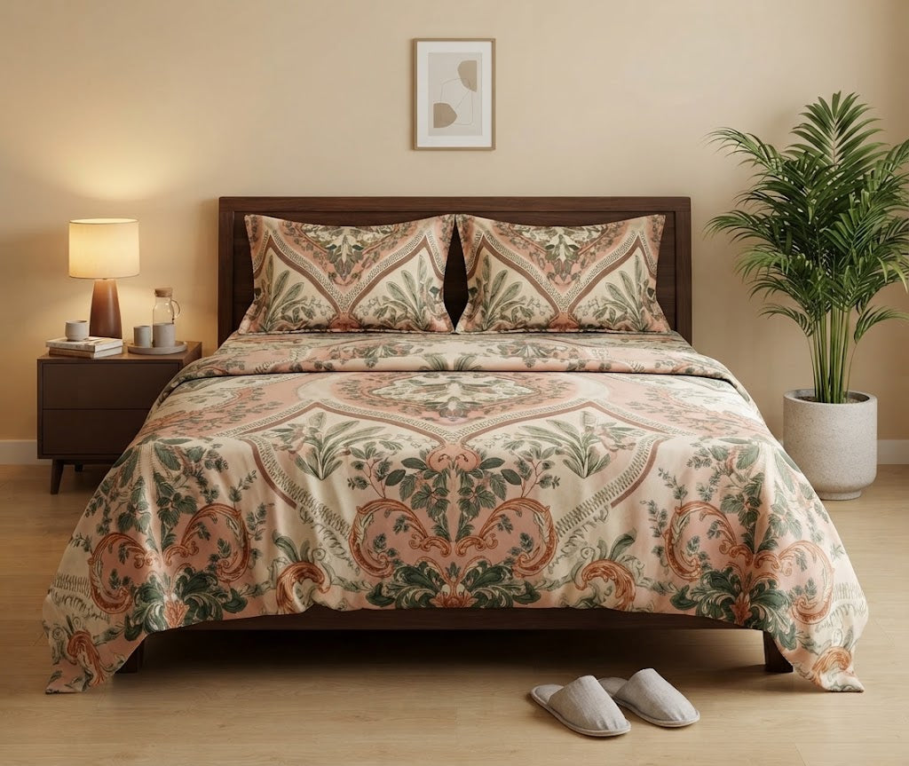 Cream & Peach Ornamental Floral Bedsheet - 100% Cotton
