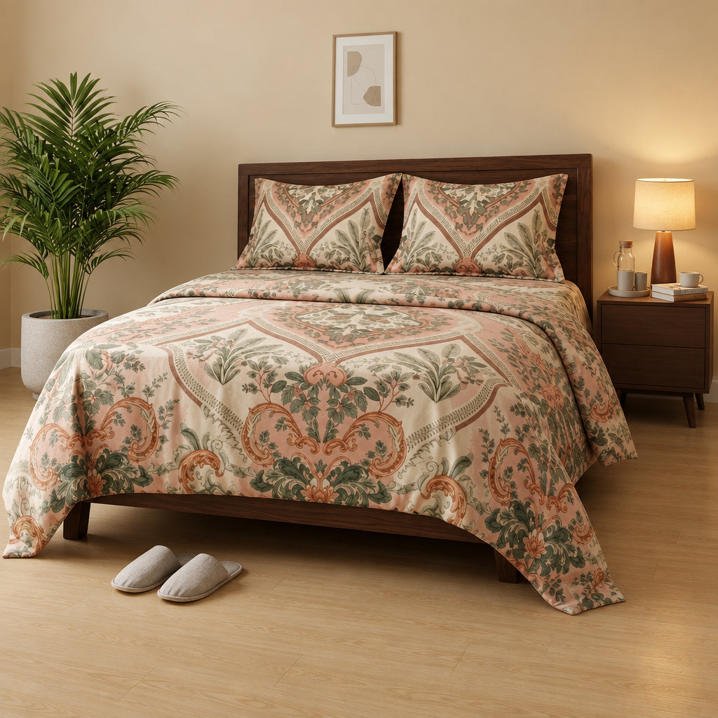 Cream & Peach Ornamental Floral Bedsheet - 100% Cotton