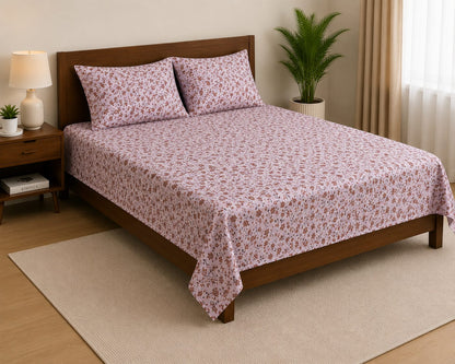 Mauve Ditsy Floral Printed Bedsheet Set with 2 Pillowcases 100% Cotton