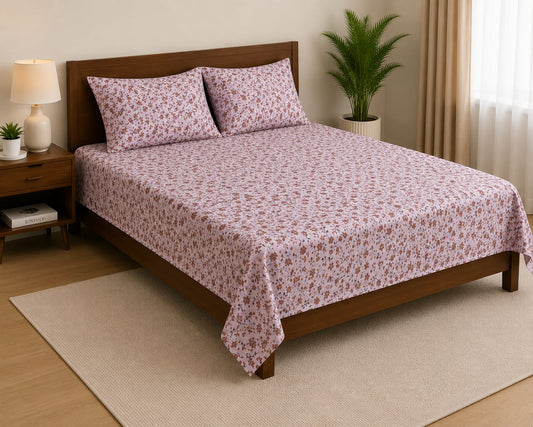 Mauve Ditsy Floral Printed Bedsheet Set with 2 Pillowcases 100% Cotton