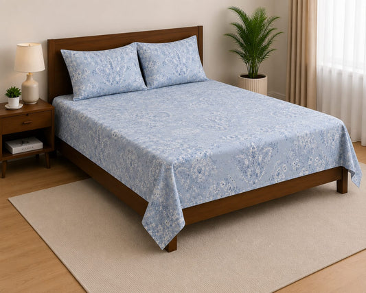Steel Blue Floral Medallion Printed Bedsheet Set with 2 Pillowcases  100% Cotton