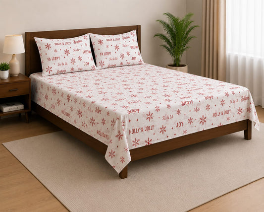Holly & Jolly Christmas Snowflake Bedsheet Set with 2 Pillowcases 100% Cotton