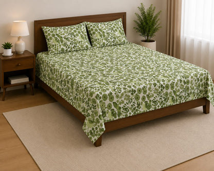 Green Botanical Floral & Bird Printed Bedsheet Set with 2 Pillowcases 100% Cotton
