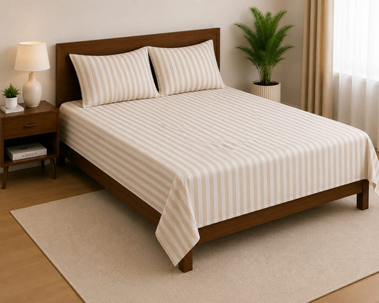 Beige & White Satin Stripe Bedsheet Set with 2 Pillowcases 100% Cotton