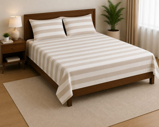 Beige & White Striped Bedsheet Set with 2 Pillowcases 100% Cotton