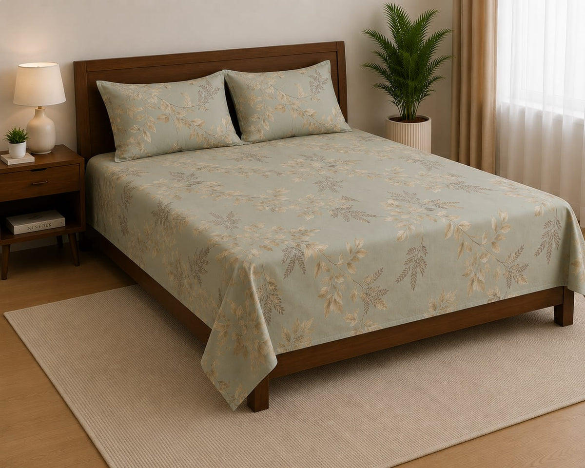 Sage Green Floral Printed Bedsheet Set with 2 Pillowcases  100% Cotton