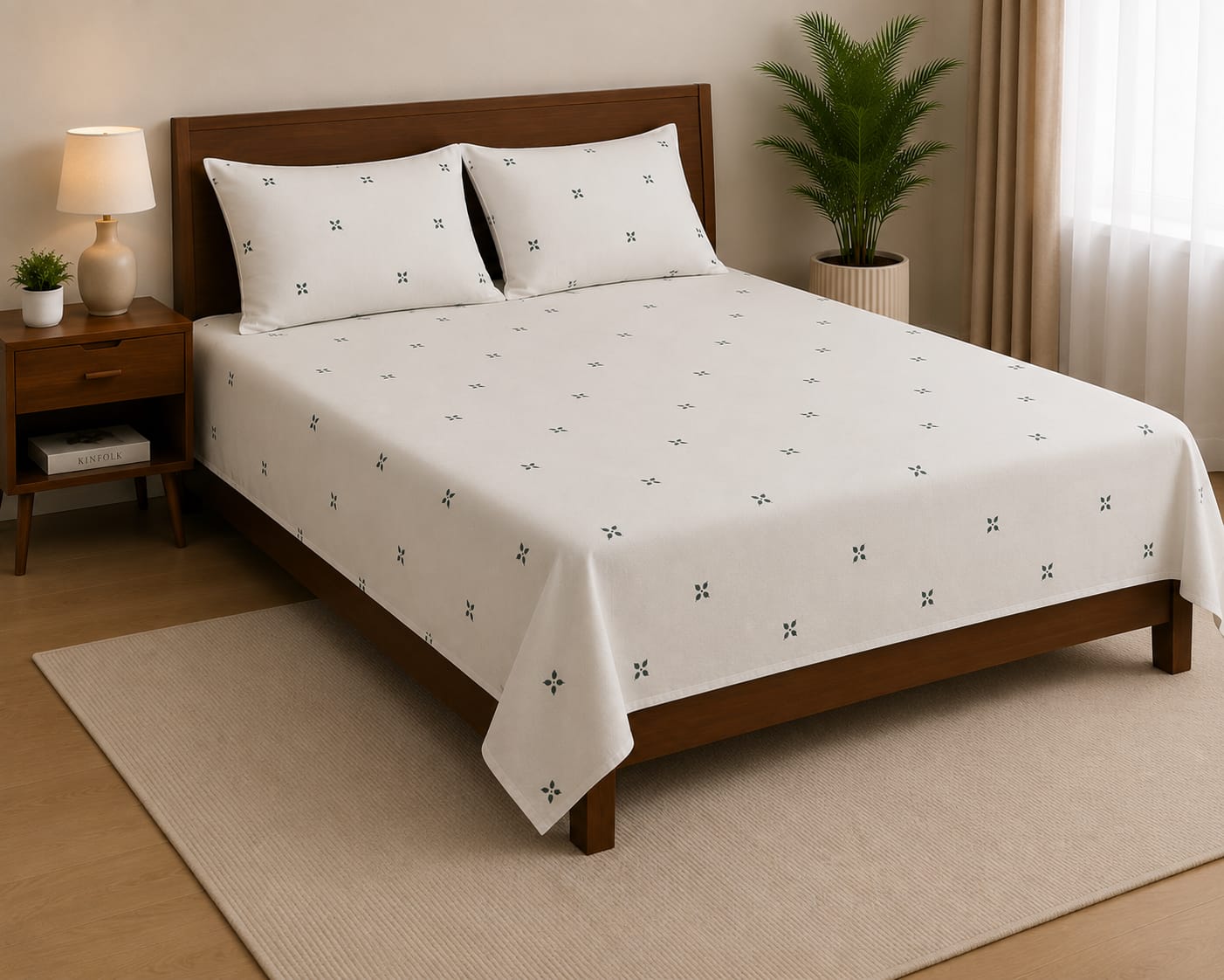 White Floral Motif Printed Bedsheet Set with 2 Pillowcases 100% Cotton