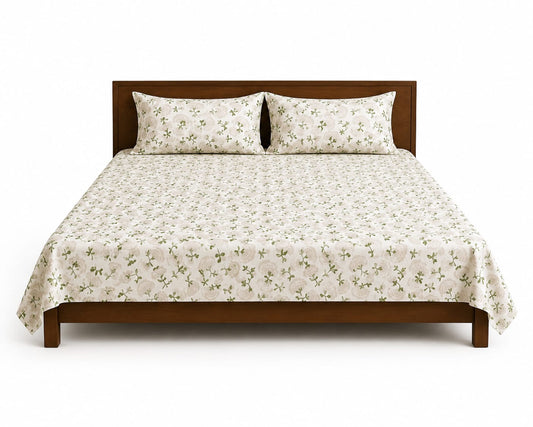 Cream Botanical Floral Printed Bedsheet Set with 2 Pillowcases  100% Cotton