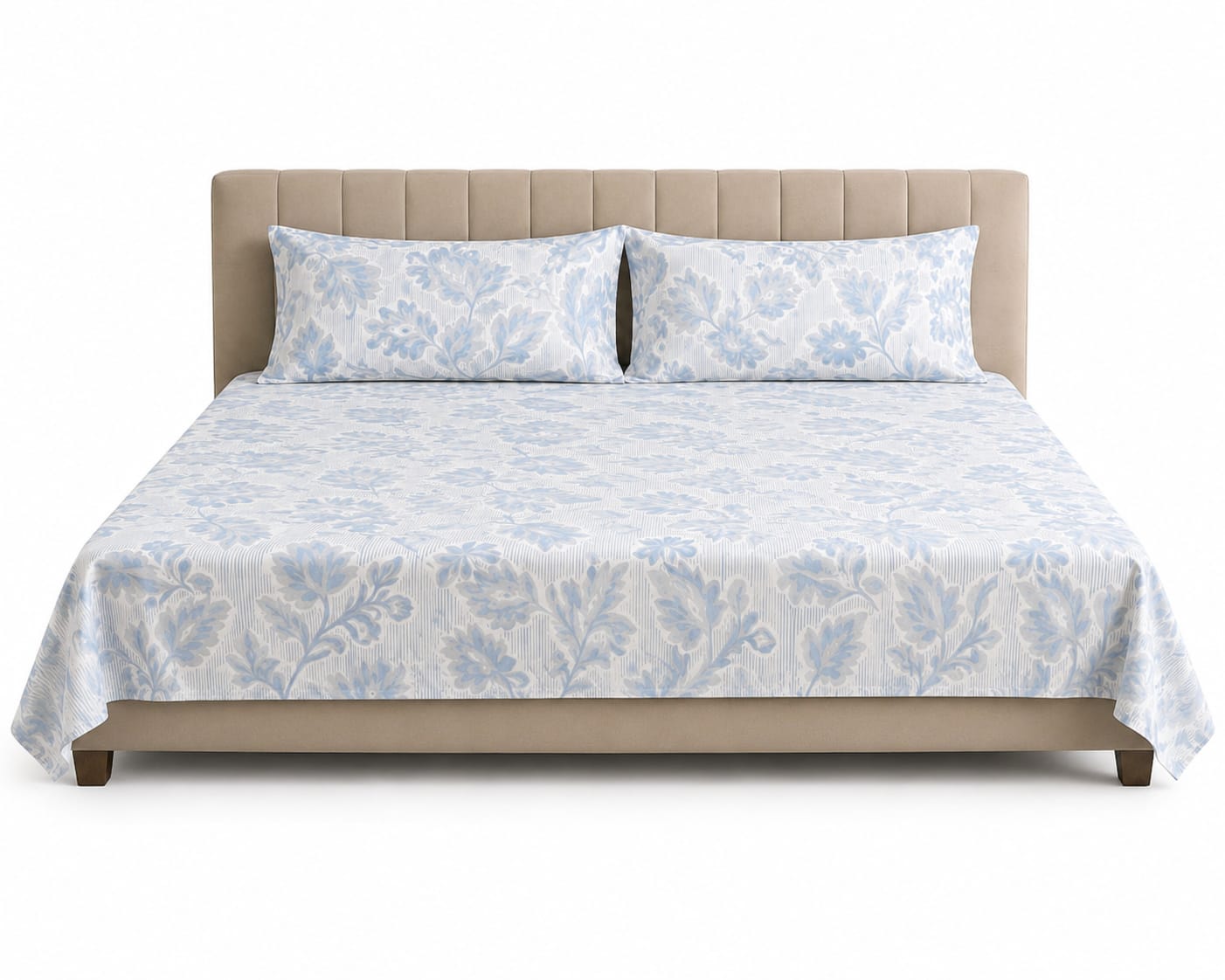 Sky Blue Large Floral Printed Bedsheet Set with 2 Pillowcases 100% Cotton