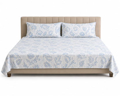Sky Blue Large Floral Printed Bedsheet Set with 2 Pillowcases 100% Cotton