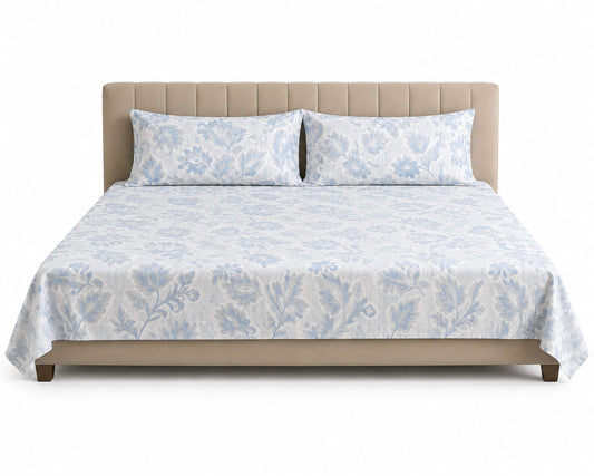 Sky Blue Large Floral Printed Bedsheet Set with 2 Pillowcases 100% Cotton